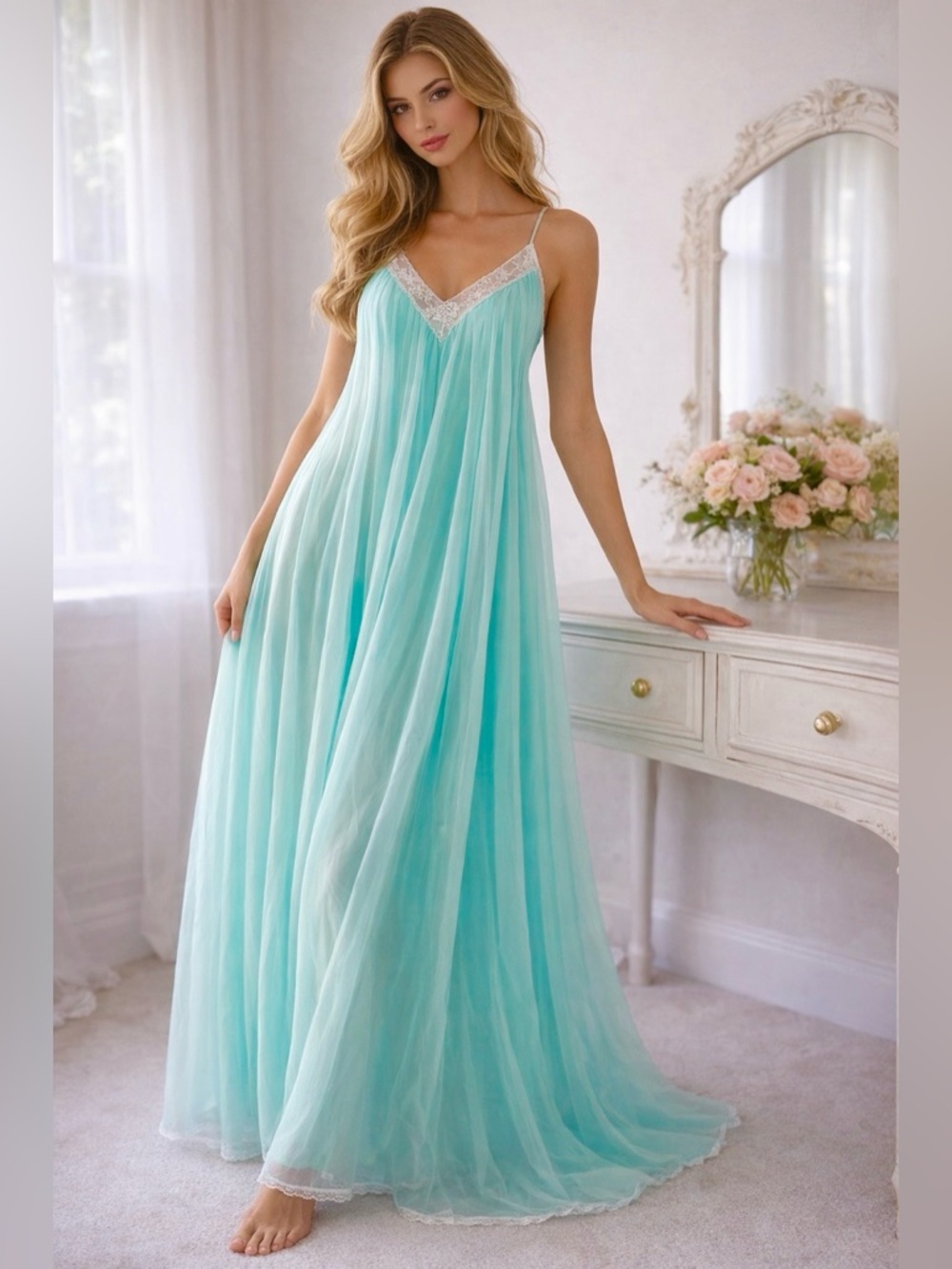 VTG  Turquoise Sheer Nightgown Maxi Babydoll Satin Slip Dress M